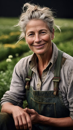 Gardening is more than hobby Cropped image of cheerful mature woman in green apron holding flower pot and smiling while standing against grey background : Generative AIの素材
