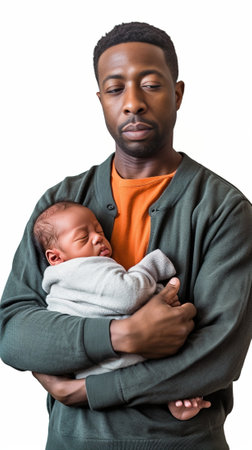 Father and baby Young African man holding his little baby and kissing him while standing isolated on white : Generative AIの素材