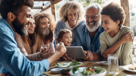 Family gathering Happy family of five people bonding to each other and smiling while sitting at the dining table outdoors : Generative AIの素材