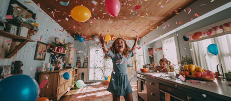 Enjoying cool party Group of happy young people throwing confetti and jumping while enjoying home party on the kitchen : Generative AIの素材