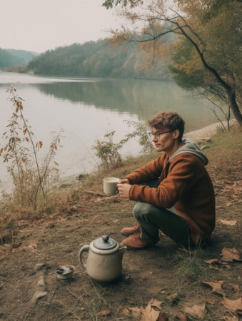Early morning Handsome young man in warm sweater having morning coffee while camping in mountains : Generative AIの素材