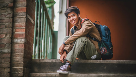 Enjoying time in college Handsome young man carrying backpack on one shoulder and smiling while leaning at the brick wall : Generative AIの素材