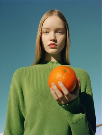 Fashionable young short hair woman carrying plate with oranges on head against green background : Generative AIの素材