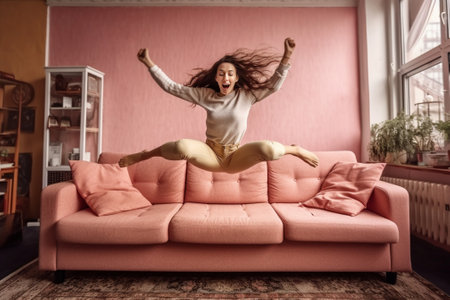 Enjoying good song Beautiful cheerful young woman wearing headphones and holding smart phone while jumping on sofa at home : Generative AIの素材