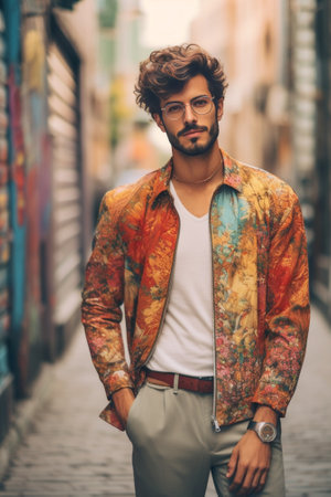 Cool and handsome Handsome young man in smart jacket looking at camera while standing outdoors : Generative AIの素材