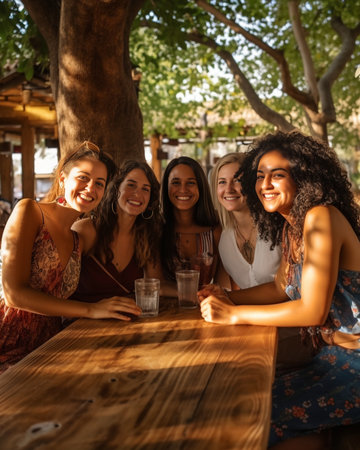 Finding inspiration in friends Happy young woman smiling and looking at camera while sitting with her friends at the wooden desk outdoors : Generative AIの素材
