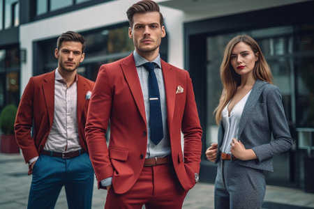 Great business minds Three cheerful young business people looking at camera and smiling while standing outdoors : Generative AIの素材