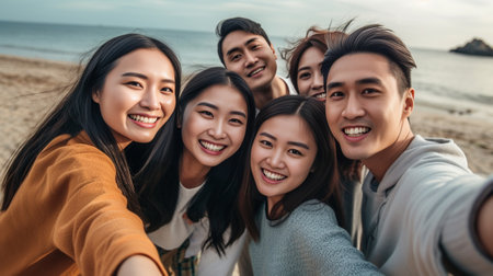 Group of happy friends making selfie and smiling while enjoying carefree time seaside together : Generative AIの素材