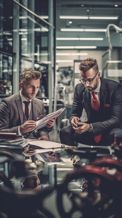 Every detail must be perfect Two young fashionable men having a discussion while spending time in the workshop : Generative AIの素材