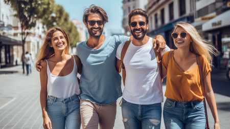 Enjoying life together Two beautiful young couples walking by the beach and smiling : Generative AIの素材
