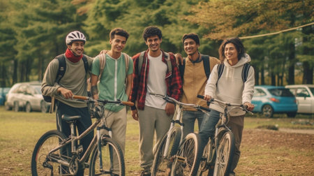 Great day with friends Group of happy young people in casual wear smiling while cycling together outdoors : Generative AIの素材