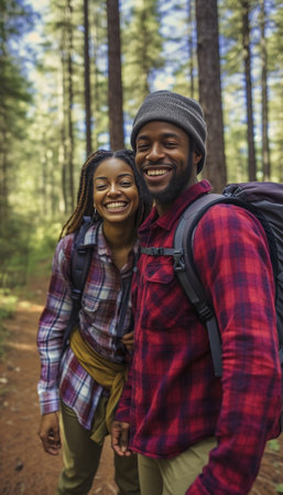 Getting in touch with nature Young couple holding hands and moving up while hiking together in the woods : Generative AIの素材