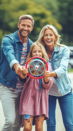 Family bonds Happy young family of three smiling while spending free time outdoors : Generative AIの素材