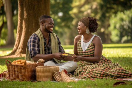 Couple relaxing in park Happy young loving couple relaxing in park together while sitting on picnic blanket and with bicycle in the background : Generative AIの素材