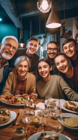 Happy multigeneration family communicating and smiling while having dinner together : Generative AIの素材