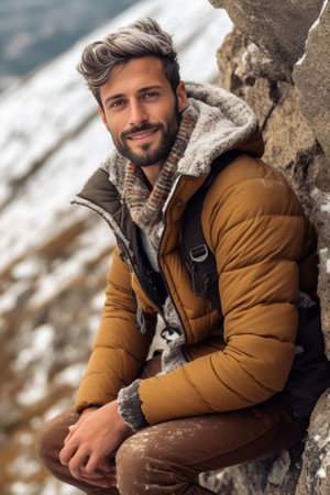 Feeling happy Handsome young smiling man in warm clothing having morning coffee while camping in mountains : Generative AIの素材