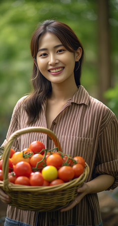 Gardener with rich harvest Cropped image of young gardener holding basket with apples and smiling while standing in the garden : Generative AIの素材