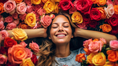 Flowers expert Top view of beautiful blond hair woman standing in flower bed and smiling : Generative AIの素材