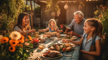 Feeling thankful for meal Family holding hands and praying before dinner while sitting at the table outdoors : Generative AIの素材