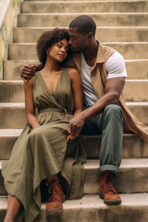 Getting away from everything Beautiful young couple holding hands and looking away while walking up the wooden steps outdoors : Generative AIの素材