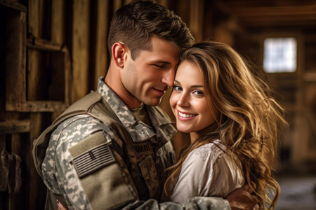 Handsome man in military talking to his wife after coming home from army : Generative AIの素材