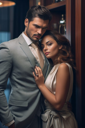 Happy young couple in formalwear embracing while standing on the balcony together : Generative AIの素材