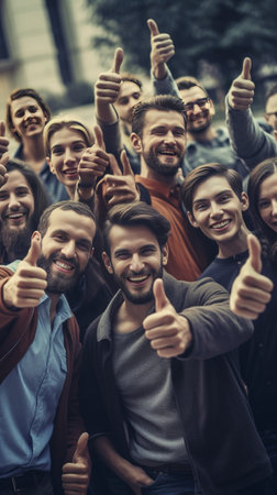 Group of happy students showing thumbs up while standing near the University building : Generative AIの素材