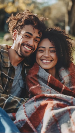 Happy young couple embracing and smiling while sitting outdoors : Generative AIの素材