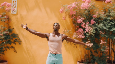 Handsome young African man in sportswear doing stretching exercises while standing outdoors : Generative AIの素材