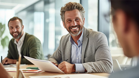 Great news for you Cheerful mature man in shirt and tie holding digital tablet and gesturing while young couple sitting in front of him at the desk : Generative AIの素材