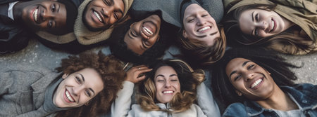 Happy together Cheerful friends lying down and looking at camera : Generative AIの素材