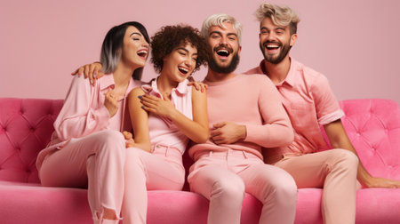 Happy young people celebrating birthday while sitting on the couch against pink background : Generative AIの素材