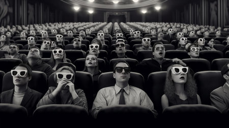 Enjoying threedimensional movie Top view of people in threedimensional glasses watching movie while sitting at the cinema : Generative AIの素材