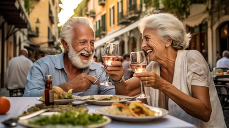 Happy senior couple toasting each other and smiling while having dinner among family together : Generative AIの素材