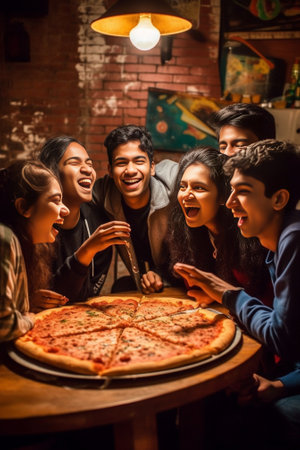 Group of cheerful young people having dinner with pizza indoors together : Generative AIの素材