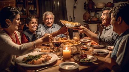 Happy multigeneration family drinking wine while having dinner together : Generative AIの素材