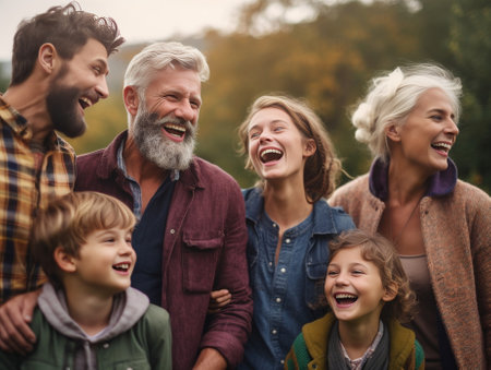 Happy to be a family Happy family of five people bonding to each other and smiling while standing outdoors together : Generative AIの素材