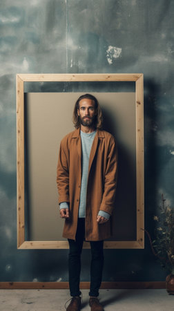 Handsome man looking through a picture frame and smiling while standing against green background : Generative AIの素材