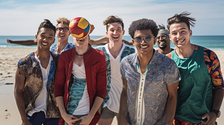 Fun in action Group of cheerful young people playing with soccer ball on the beach : Generative AIの素材