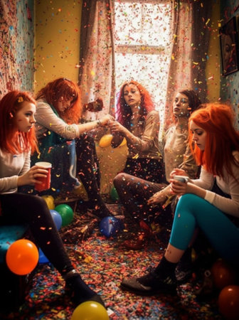 Happy New Year Four attractive young women in pajamas blowing confetti while sitting on the bed : Generative AIの素材