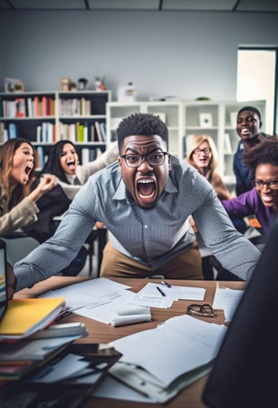 Furious boss Furious young African man in shirt and tie pointing you and shouting while sitting at his working place : Generative AIの素材