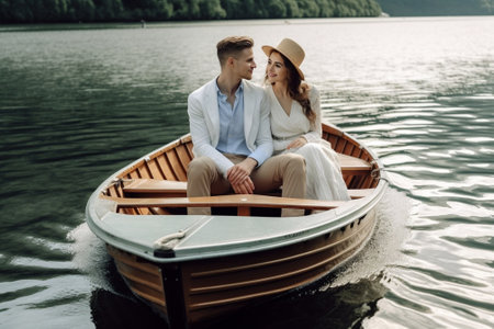 Great shot Young man photographing his beautiful girlfriend while enjoying romantic date on the lake : Generative AIの素材