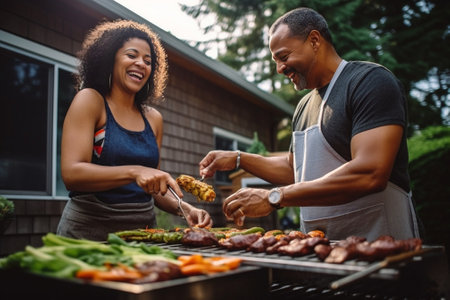 Full length of young couple in casual clothing preparing barbecue and smiling while standing on the rooftop patio outdoors : Generative AIの素材