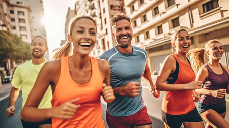 Group of people in sports clothing jogging while exercising on the sidewalk outdoors : Generative AIの素材