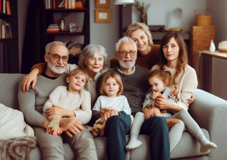 Happy multigeneration family spending time together while sitting on the sofa at home : Generative AIの素材