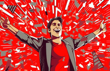 Happy young man in casual clothing holding smart phone and cheering while standing against red background with confetti flying around : Generative AIの素材
