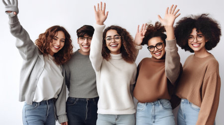 Group of young beautiful people in casual clothing holding hands clasped and smiling : Generative AIの素材