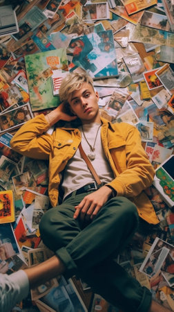 Happy bookworm Top view of happy young man holding hands behind head and smiling while lying on the hardwood floor with colorful books laying all around him : Generative AIの素材