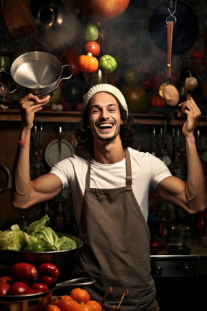 Happy young man cooking something on stove while standing at the domestic kitchen : Generative AIの素材