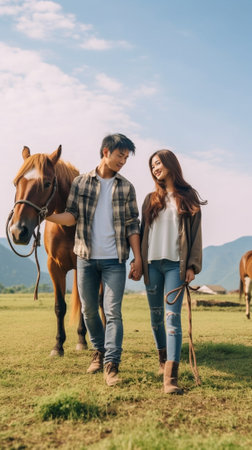 Couple on ranch Happy young loving couple standing close to each other and smiling while standing on ranch with horse walking in the background : Generative AIの素材